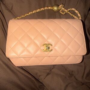 Chanel Peach Quilted Clutch with Gold Chain